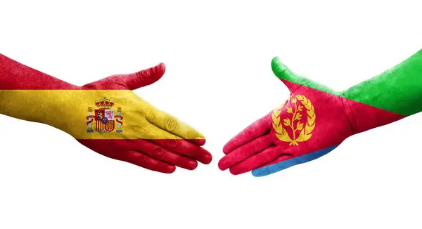 厄立特里亚和西班牙之间的握手 手绘国旗 孤立透明的形象 — 图库照片
