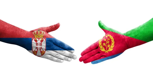 Χειραψία Μεταξύ Ερυθραίας Και Σερβίας Σημαίες Ζωγραφισμένες Στα Χέρια Απομονωμένη — Φωτογραφία Αρχείου
