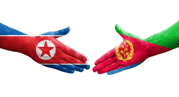 Рукопожатие Между Флагом Эритреи Северной Кореи Нарисованное Руках Изолированное Прозрачное — стоковое фото
