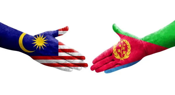 Handshake Eritrea Malaysia Flags Painted Hands Isolated Transparent Image — Stock Photo, Image