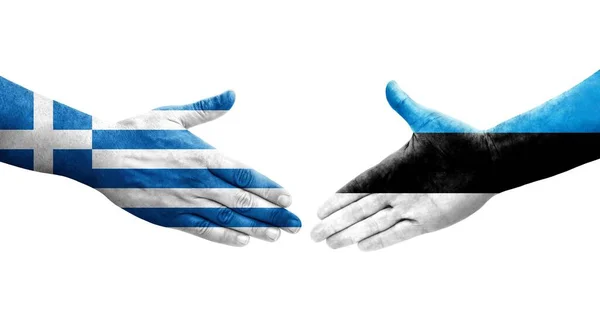 Χειραψία Μεταξύ Εσθονίας Και Ελλάδας Σημαιών Ζωγραφισμένη Στα Χέρια Απομονωμένη — Φωτογραφία Αρχείου