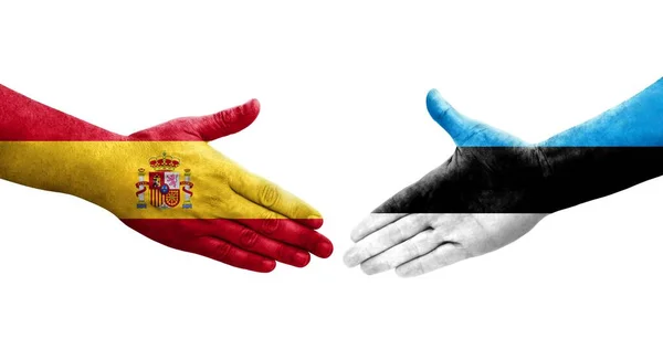 에스토니아와 스페인의 국기가 손으로 그려지면서 이미지를 토니아 스페인의 국기가 악수를 — 스톡 사진