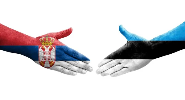 Handdruk Tussen Estland Servië Vlaggen Handen Geschilderd Geïsoleerd Transparant Beeld — Stockfoto