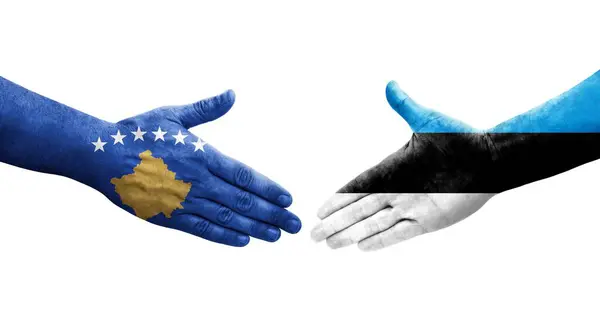 Aperto Mão Entre Estónia Bandeiras Kosovo Pintadas Mãos Imagem Transparente — Fotografia de Stock