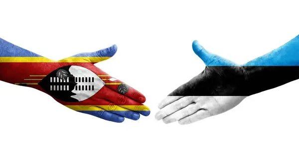 Stock image Handshake between Estonia and Eswatini flags painted on hands, isolated transparent image.