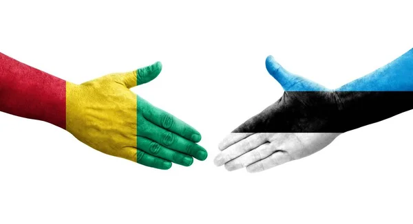 Aperto Mão Entre Estónia Guiné Bandeiras Pintadas Mãos Imagem Transparente — Fotografia de Stock