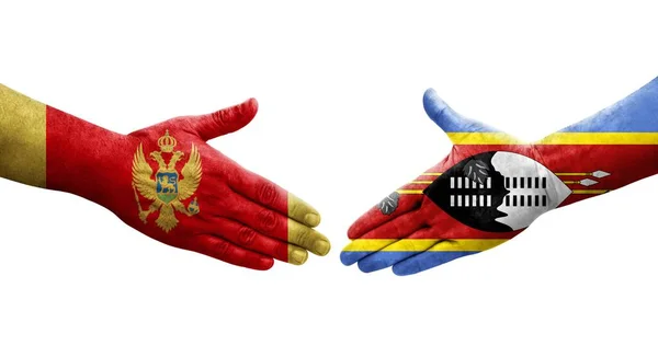 Stretta Mano Tra Eswatini Montenegro Bandiere Dipinte Mani Immagine Isolata — Foto Stock