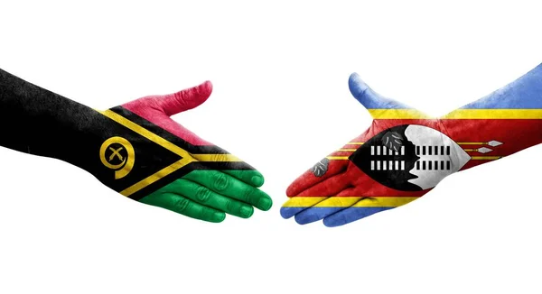 Aperto Mão Entre Bandeiras Eswatini Vanuatu Pintadas Mãos Imagem Transparente — Fotografia de Stock