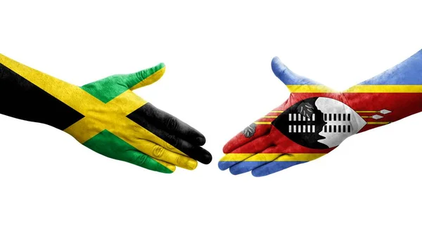 Ellerinde Eswatini Jamaika Bayrakları Arasında Sıkışma Izole Şeffaf Görüntü — Stok fotoğraf