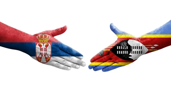 Χειραψία Μεταξύ Των Σημαιών Eswatini Και Σερβίας Ζωγραφισμένη Στα Χέρια — Φωτογραφία Αρχείου