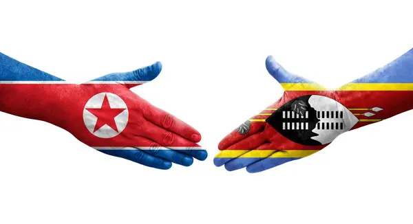 Aperto Mão Entre Eswatini Bandeiras Coreia Norte Pintadas Mãos Imagem — Fotografia de Stock