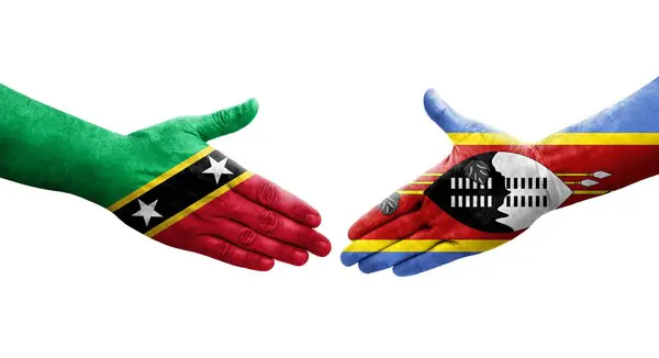 Uścisk Dłoni Między Eswatini Saint Kitts Flagi Nevis Malowane Rękach — Zdjęcie stockowe