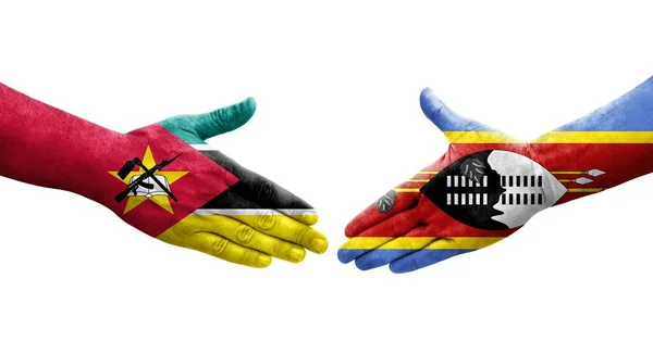 Aperto Mão Entre Eswatini Moçambique Bandeiras Pintadas Mãos Imagem Transparente — Fotografia de Stock