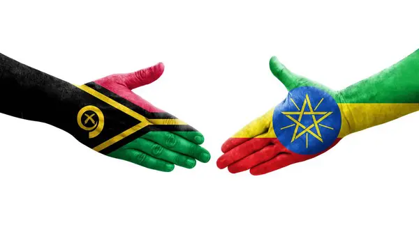 Aperto Mão Entre Etiópia Bandeiras Vanuatu Pintadas Mãos Imagem Transparente — Fotografia de Stock