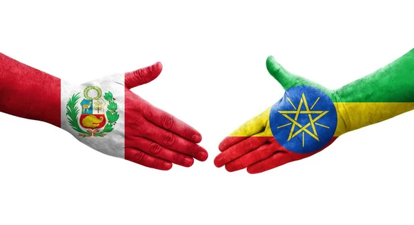 Рукопожатие Между Флагом Эфиопии Перу Нарисованное Руках Изолированное Прозрачное Изображение — стоковое фото