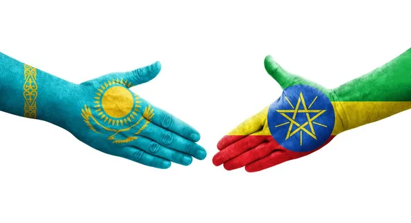 Handslag Mellan Etiopien Och Kazakstan Flaggor Målade Händer Isolerad Transparent — Stockfoto
