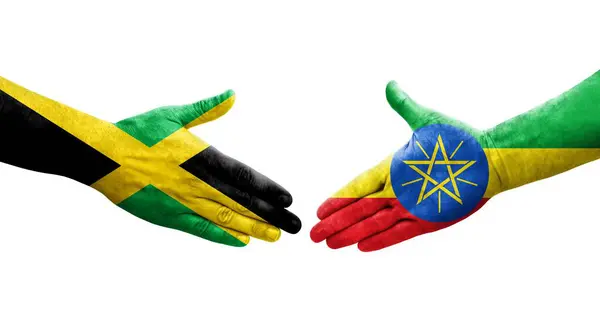 Aperto Mão Entre Etiópia Jamaica Bandeiras Pintadas Mãos Imagem Transparente — Fotografia de Stock