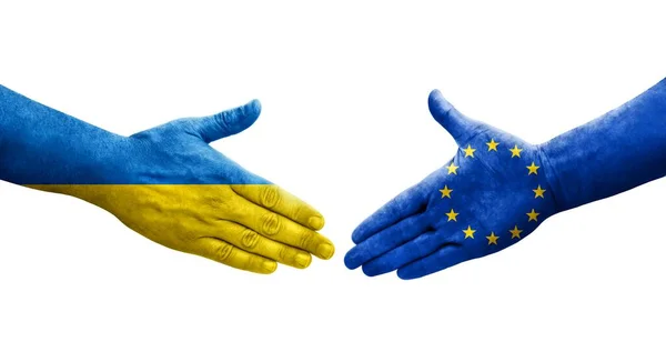 Apretón Manos Entre Unión Europea Ucrania Banderas Pintadas Las Manos —  Fotos de Stock