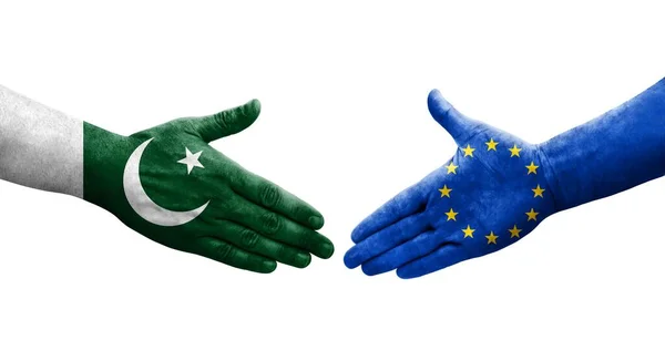 欧盟和巴基斯坦之间的握手手绘国旗 孤立透明的图像 — 图库照片