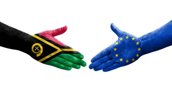 Aperto Mão Entre União Europeia Bandeiras Vanuatu Pintadas Mãos Imagem — Fotografia de Stock