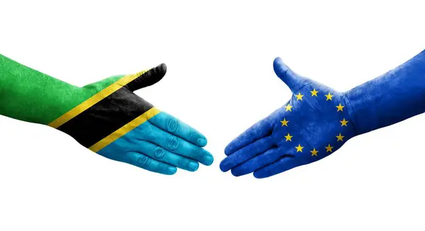 Aperto Mão Entre União Europeia Tanzânia Bandeiras Pintadas Mãos Imagem — Fotografia de Stock
