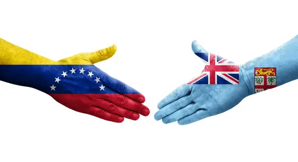 斐济和委内瑞拉之间握手 手绘国旗 孤立透明的图像 — 图库照片