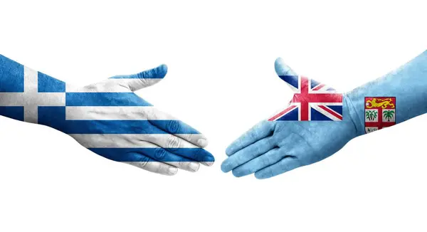 Apretón Manos Entre Las Banderas Fiji Grecia Pintadas Las Manos —  Fotos de Stock