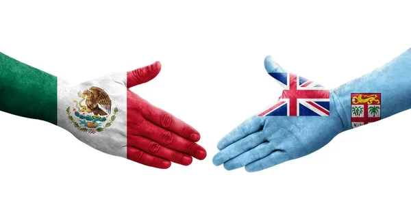 Χειραψία Μεταξύ Φίτζι Και Μεξικού Σημαίες Ζωγραφισμένα Στα Χέρια Απομονωμένη — Φωτογραφία Αρχείου