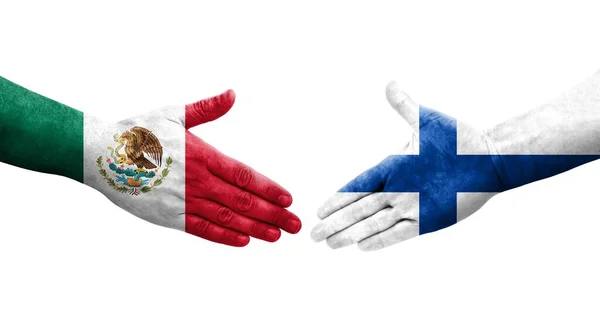 Χειραψία Μεταξύ Φινλανδίας Και Μεξικού Σημαίες Ζωγραφισμένα Στα Χέρια Απομονωμένη — Φωτογραφία Αρχείου
