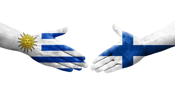 Händedruck Zwischen Finnland Und Uruguay Fahnen Auf Händen Gemalt Isoliertes — Stockfoto