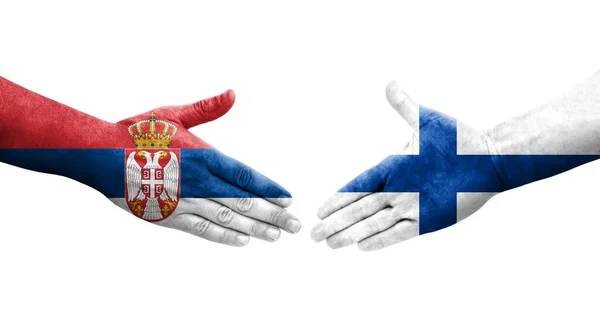Χειραψία Μεταξύ Φινλανδίας Και Σερβίας Σημαίες Ζωγραφισμένες Στα Χέρια Απομονωμένη — Φωτογραφία Αρχείου
