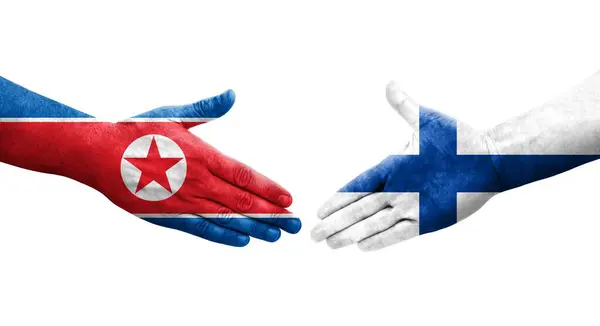 Apretón Manos Entre Finlandia Corea Del Norte Banderas Pintadas Las —  Fotos de Stock