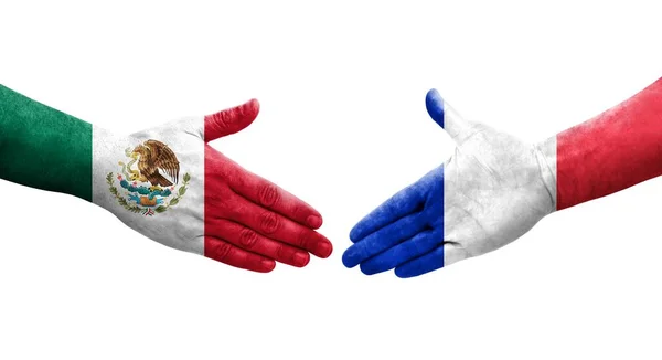 Рукостискання Між Францією Мексиканськими Прапорами Намальоване Руках Ізольоване Прозоре Зображення — стокове фото