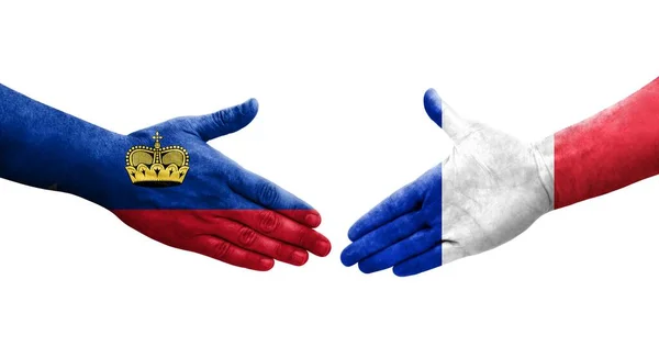 Apretón Manos Entre Las Banderas Francia Liechtenstein Pintadas Las Manos — Foto de Stock