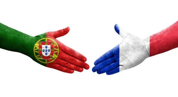 Mano Apretada Entre Las Banderas Francia Portugal Pintadas Las Manos — Foto de Stock