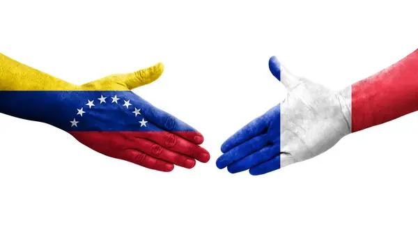 法国和委内瑞拉之间握手 手绘国旗 孤立透明的形象 — 图库照片