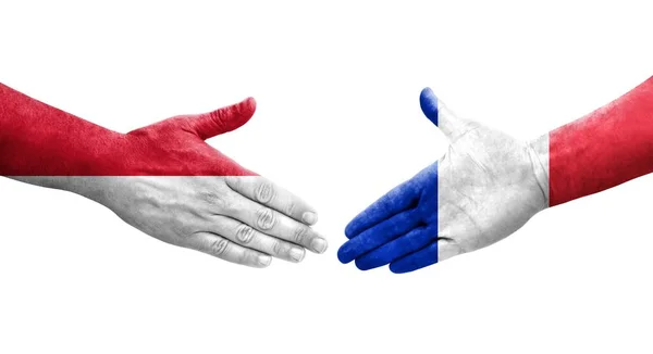Handdruk Tussen Frankrijk Monaco Vlaggen Geschilderd Handen Geïsoleerde Transparante Afbeelding — Stockfoto