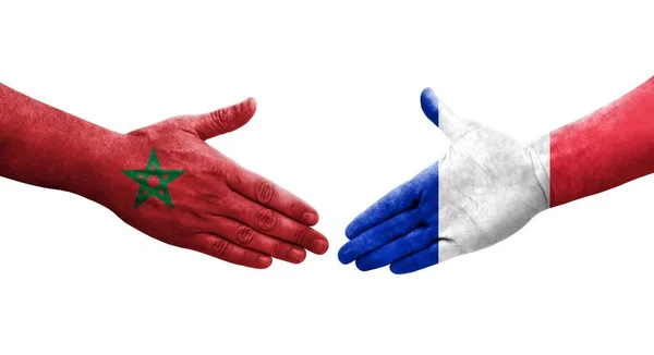 Χειραψία Μεταξύ Γαλλίας Και Μαρόκου Σημαίες Ζωγραφισμένα Στα Χέρια Απομονωμένη — Φωτογραφία Αρχείου
