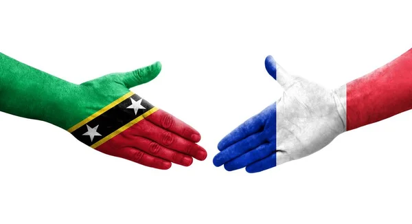 Χειραψία Μεταξύ Γαλλίας Και Αγίου Kitts Και Nevis Σημαίες Ζωγραφισμένα — Φωτογραφία Αρχείου