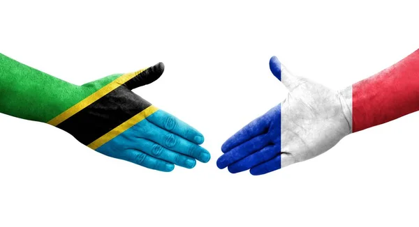 Aperto Mão Entre França Tanzânia Bandeiras Pintadas Mãos Imagem Transparente — Fotografia de Stock