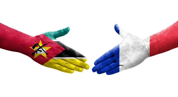 Χειραψία Μεταξύ Γαλλίας Και Μοζαμβίκης Σημαίες Ζωγραφισμένα Στα Χέρια Απομονωμένη — Φωτογραφία Αρχείου