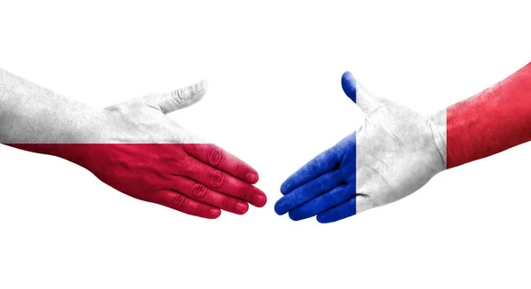 Handdruk Tussen Frankrijk Polen Handen Geschilderde Vlaggen Geïsoleerd Transparant Beeld — Stockfoto