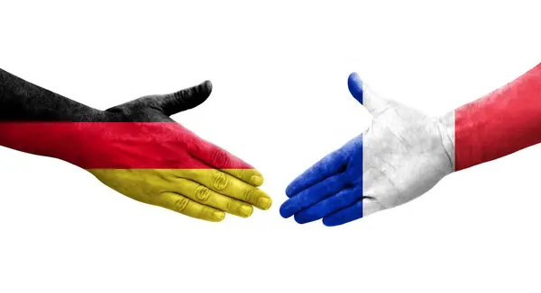 Apretón Manos Entre Las Banderas Francia Alemania Pintadas Las Manos — Foto de Stock