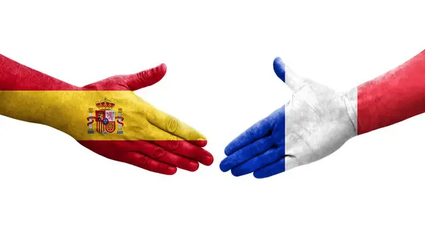 프랑스 스페인 깃발을 손으로 만져서 형상을 손으로 흔드는 — 스톡 사진