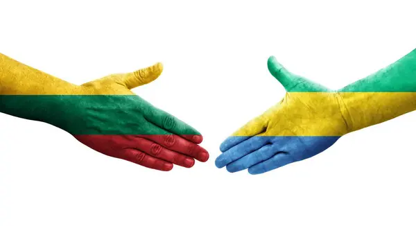 加蓬和立陶宛之间的握手 手绘国旗 孤立透明的形象 — 图库照片