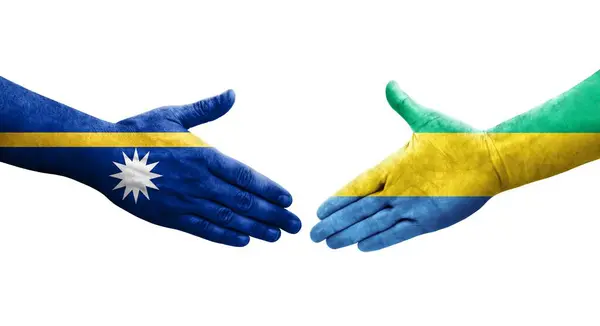 Kézfogás Gabon Nauru Zászlók Festett Kezét Elszigetelt Átlátszó Kép — Stock Fotó