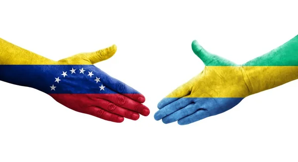 加蓬和委内瑞拉之间的握手 手绘国旗 孤立透明的形象 — 图库照片