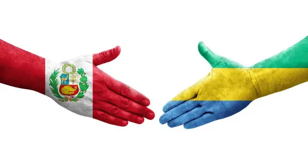 Χειραψία Μεταξύ Γκαμπόν Και Περού Σημαίες Ζωγραφισμένα Στα Χέρια Απομονωμένη — Φωτογραφία Αρχείου