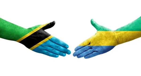 Aperto Mão Entre Gabão Bandeiras Tanzânia Pintadas Mãos Imagem Transparente — Fotografia de Stock