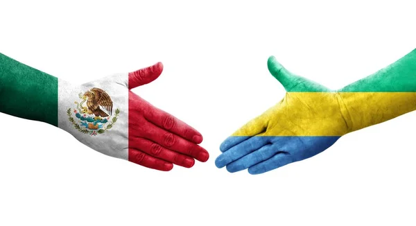 Handslag Mellan Gabon Och Mexiko Flaggor Målade Händer Isolerad Transparent — Stockfoto